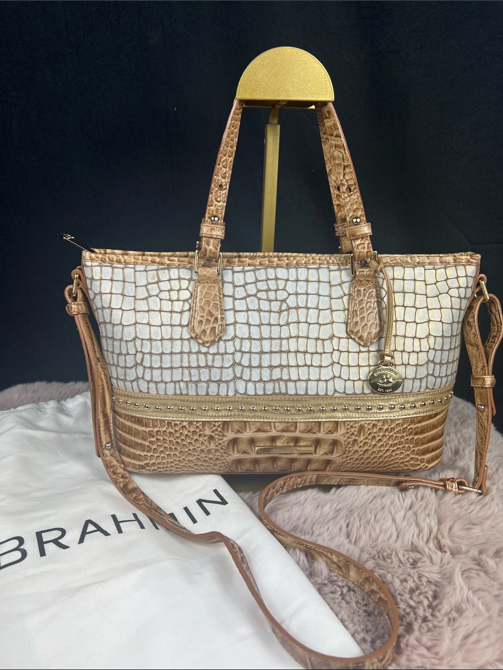 Brahmin Pearlescent Ivory & Taupe Croc Embossed Leather Studded Tote Bag - EUC